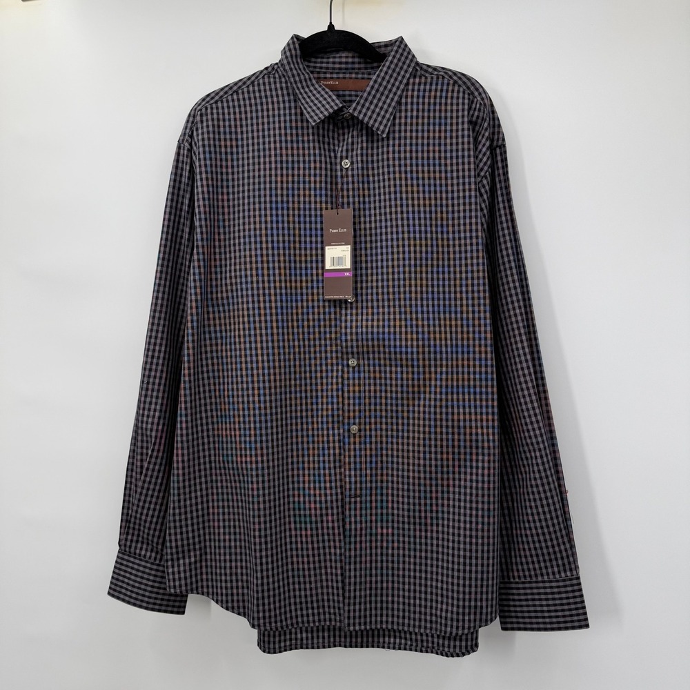 Perry Ellis Mens Size 2XL Button Down Shirt Purple Ash Gingham Check New